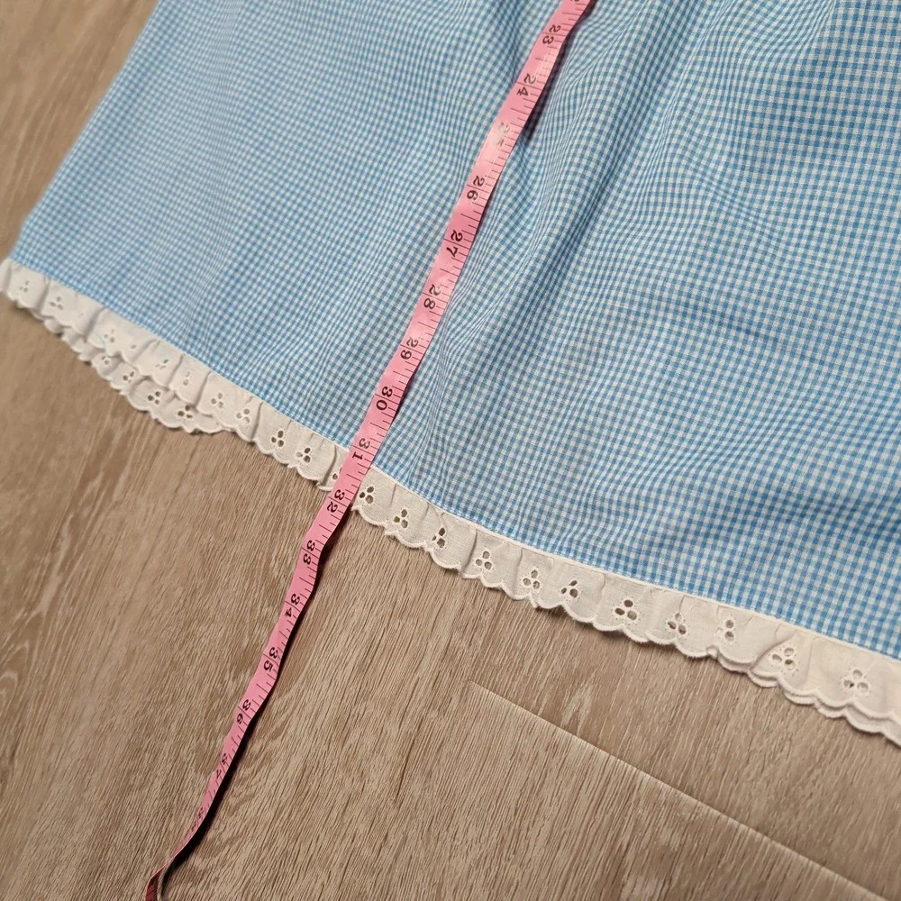 Vintage Handmade Prarie Style‎ Blue Apron Gingham Pinafore Lace Trim Pockets